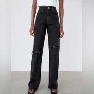 Zara Black high rise distressed wide leg jeans